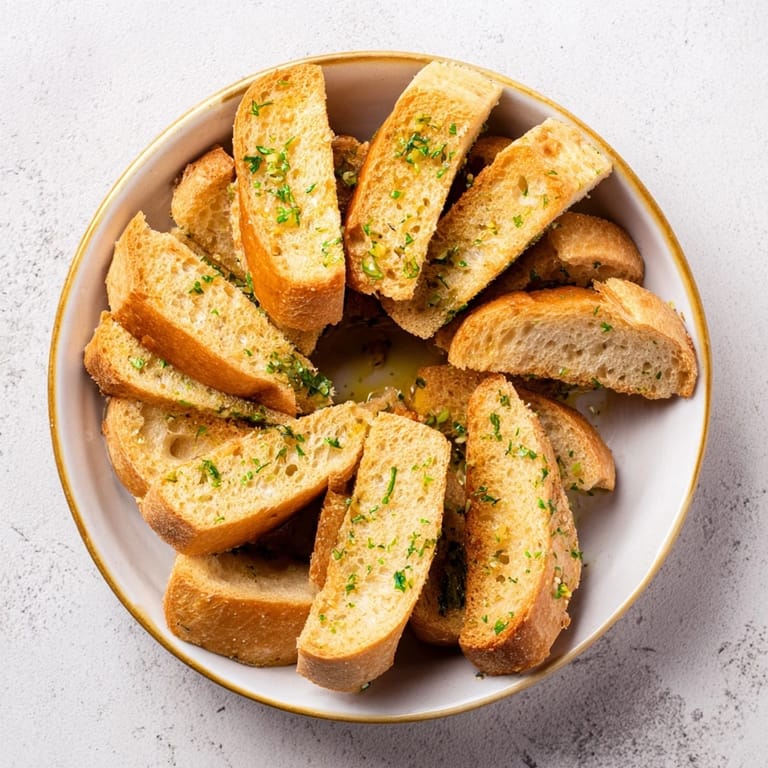 Freshly baked baguette slices artfully circle on a baking sheet, ideal for dipping with soups.
