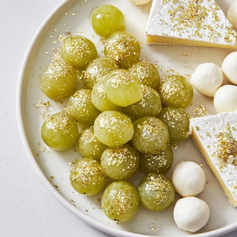 A close-up of a festive Sparkling Champagne Toast platter with golden dusted grapes and diverse cheeses ideal for sharing.