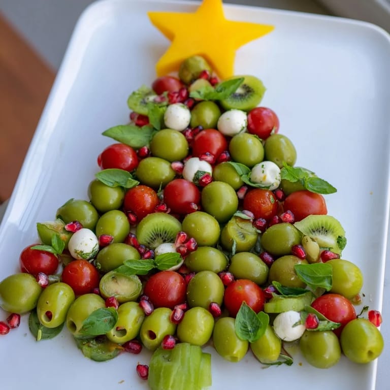 This festive Christmas Tree Triangle Board displays colorful toppings like pomegranate and mozzarella balls.