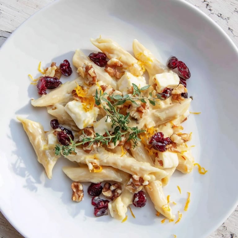 Tender pasta tossed in bubbly, melted baked Brie and cranberry sauce, topped with walnuts.