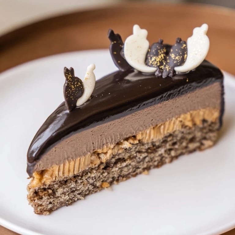 A close-up view of the finished Plaisirs Sucrés Hibou de la Nuit reveals the chocolate glaze and owl decor.