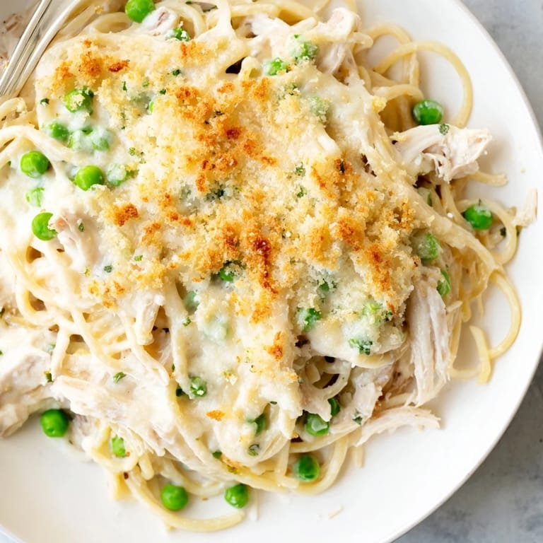 Enjoy this easy homemade Turkey Tetrazzini, showcasing creamy pasta, shredded turkey, and golden breadcrumb topping.