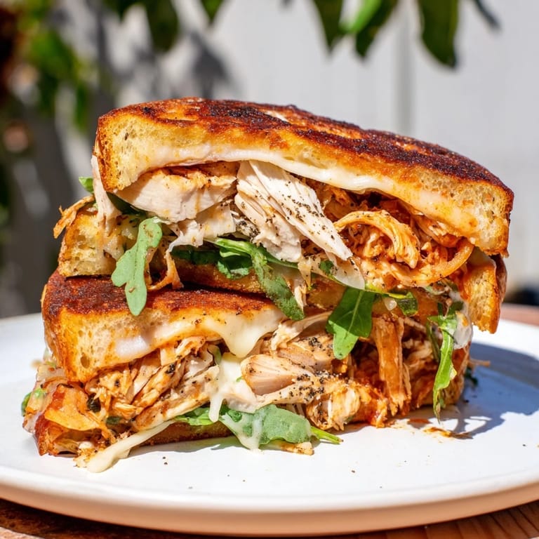 Close-up of a warm, delicious Leftover Pizza Chicken Sandwich, ready to eat with a side of marinara.