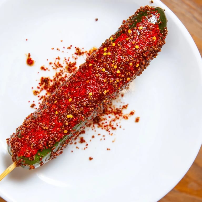 Vibrant Mexican-inspired Chamoy-Tajín pickle sticks: tangy, sweet, and coated in zesty Tajín seasoning.