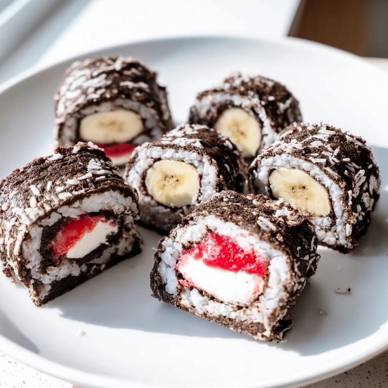 Visually stunning Oreo Cookie Sushi Rolls, ready to be sliced and served with a dark dipping sauce.