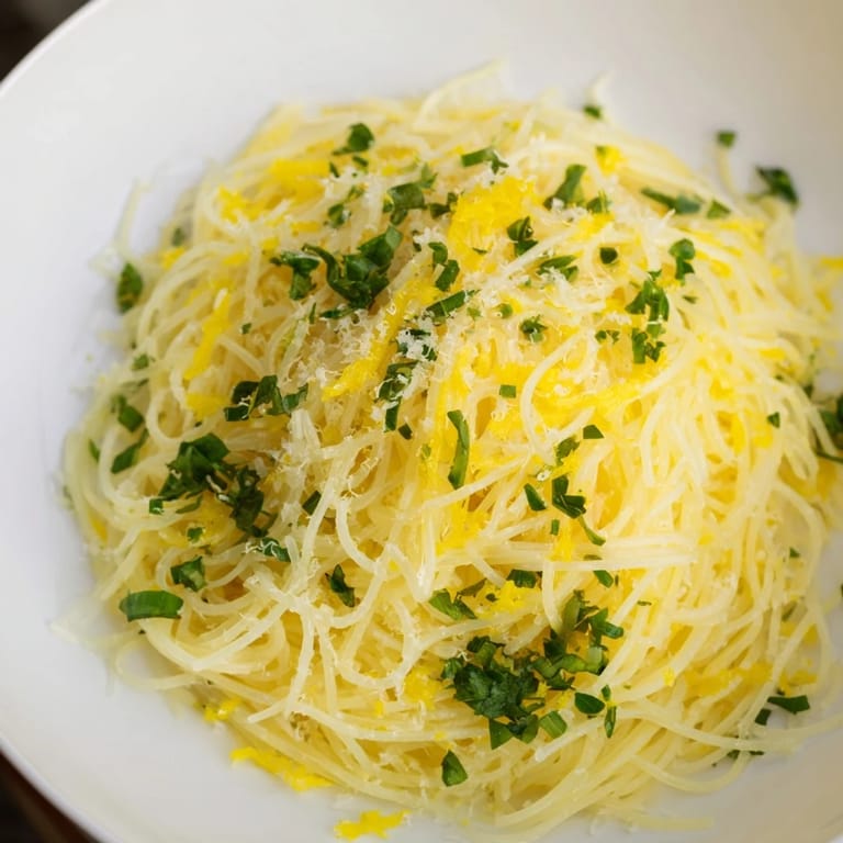 Close-up of golden Lemon Capellini, showcasing the silky pasta and vibrant lemon butter sauce.