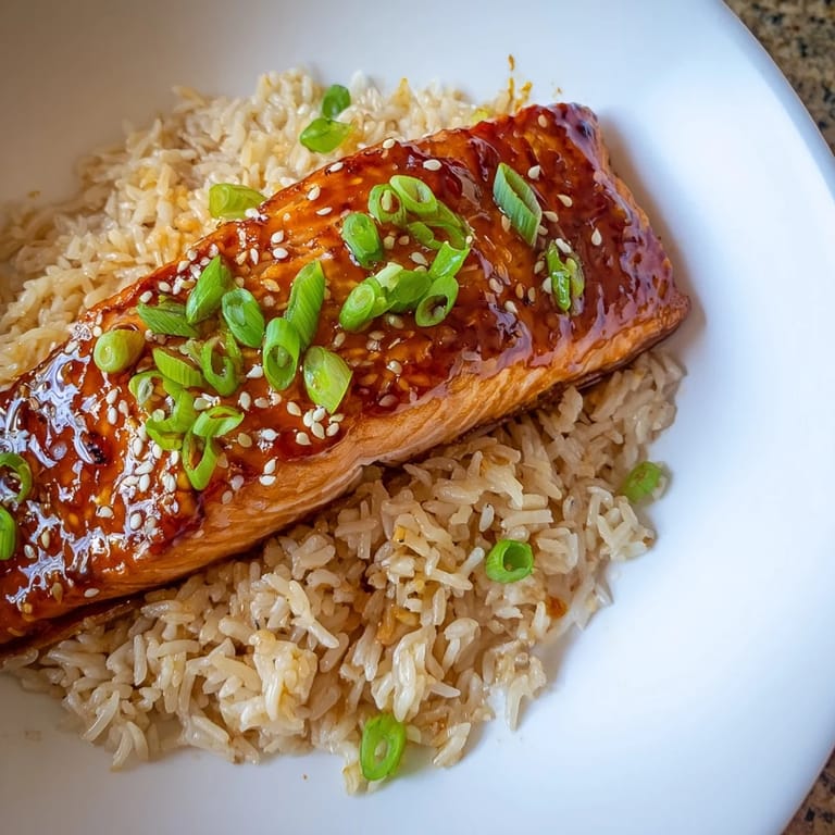 This recipe shows seared Sticky Orange Salmon with its rich glaze, ready to serve with rice.