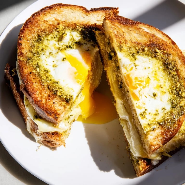Imagine biting into this rich, flavorful Pesto Egg Grilled Cheese; a perfect quick meal or satisfying snack.