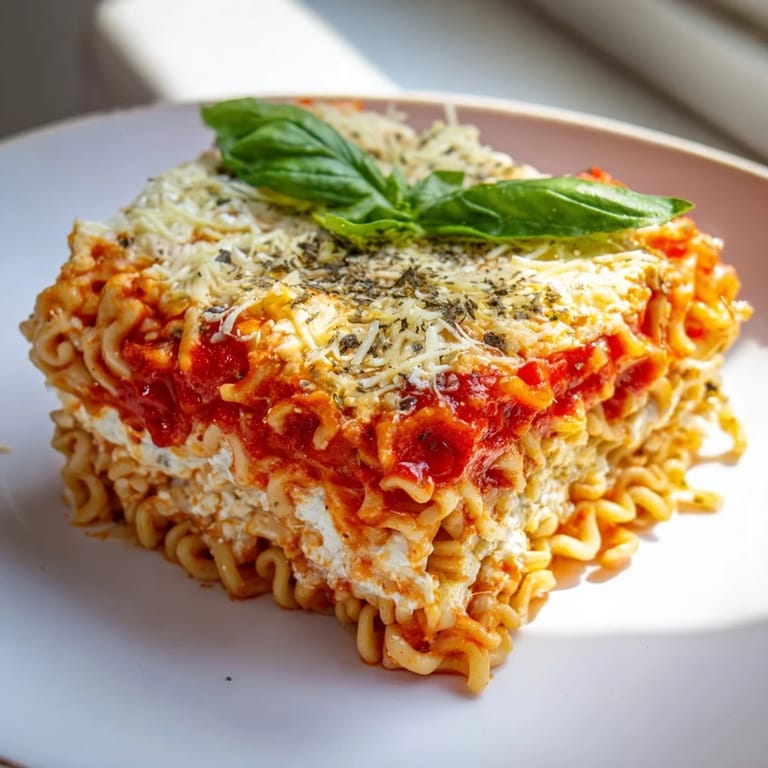 This ramen lasagna recipe shows layers of ramen noodles, creamy cheese, and rich tomato sauce; a family favorite.