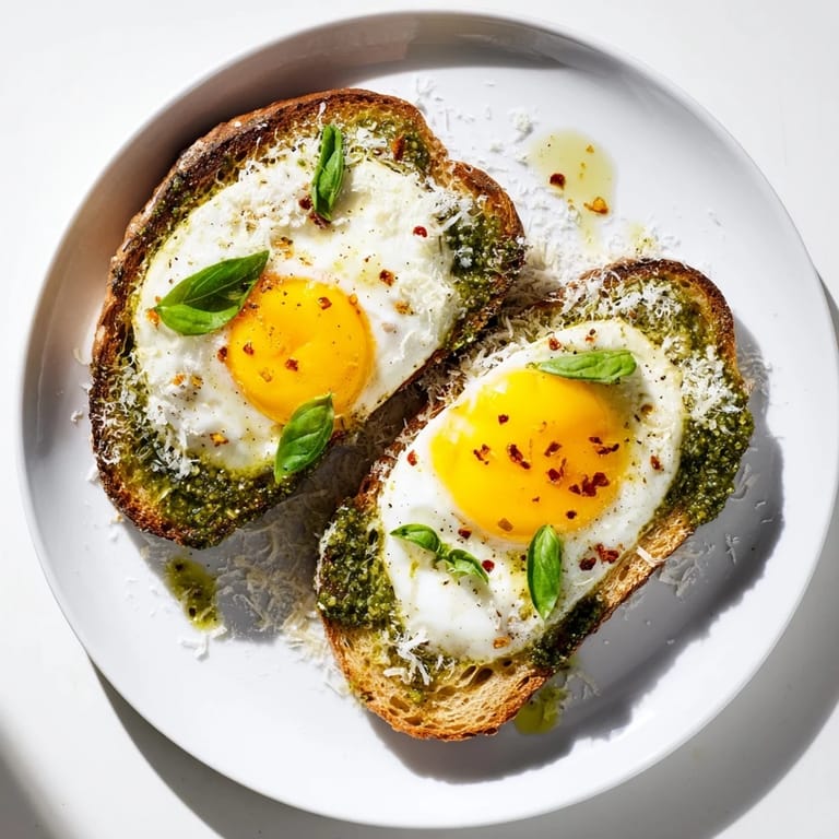 Bright, flavorful pesto egg toast with runny yolks and fresh basil, ready for a delicious breakfast.