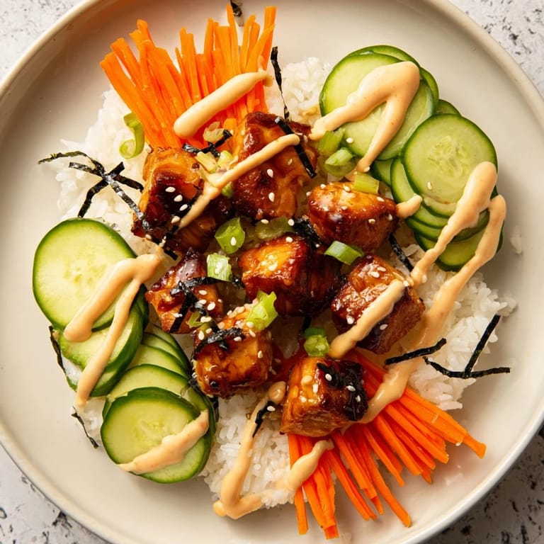 A delicious, homemade teriyaki salmon rice bowl, drizzled with spicy mayo and sprinkled with sesame seeds.