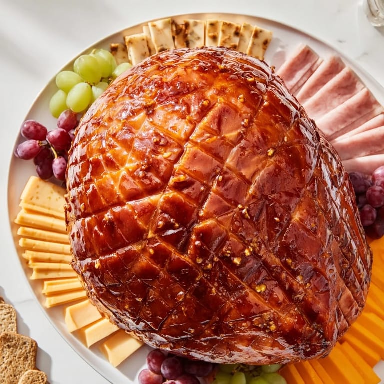 This festive Glazed Ham Board shows a glistening ham surrounded by colorful cheeses and sweet fruits.