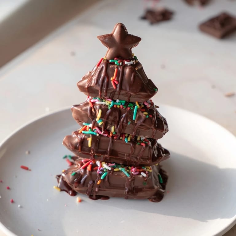 Stacked mini Kinder bars expertly transformed into tempting Chocolate Kinder Christmas Trees, a delightful holiday dessert.