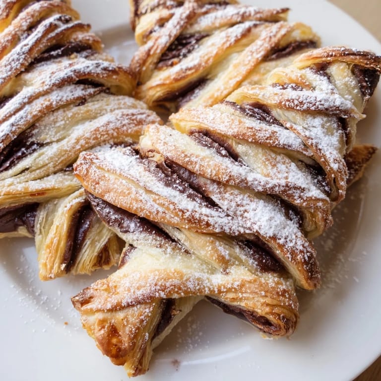 Festive Nutella Pastry Christmas Trees, dusted with powdered sugar, ready for a delicious holiday dessert spread.