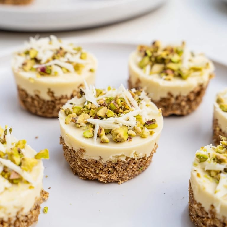 Elegant individual servings of sweet Pistachio Cheesecake Bites, a perfect dessert to impress your guests.