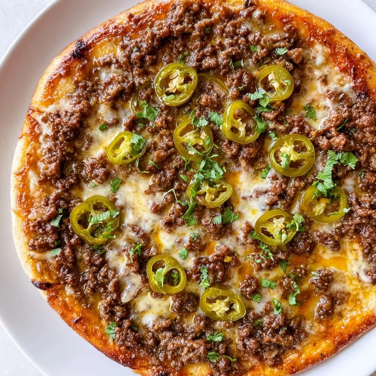 Close-up of a fully baked Spicy Ground Beef Pizza, drizzled with hot honey, and ready to be served.