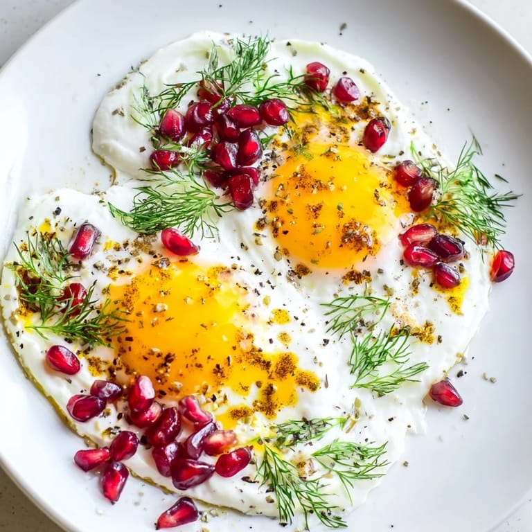 Vibrant Çılbır with runny yolks, sumac butter, and ruby pomegranate seeds ready to be served.