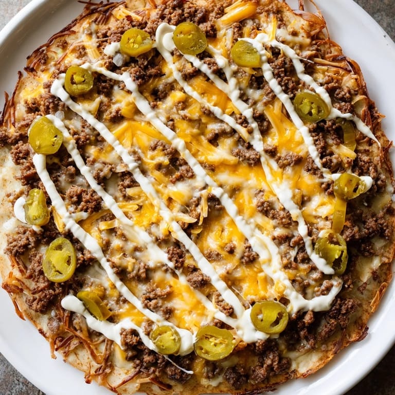 A close-up of a finished Ground Beef Taco Pizza, ready to be sliced and served warm.