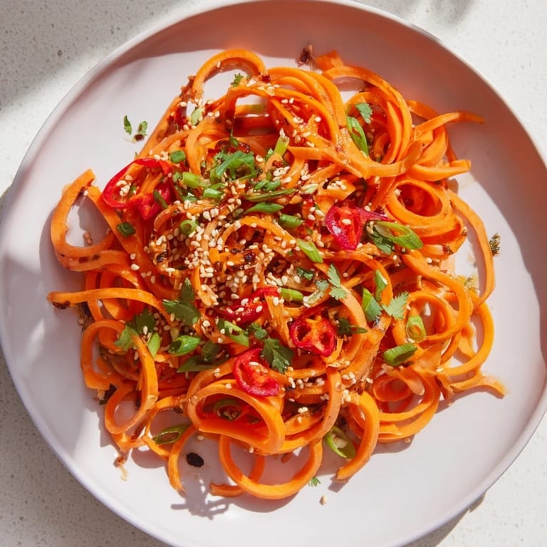 Freshly tossed Carrot Ribbon Salad Asian-Style featuring ribbons of carrots and crunchy sesame seeds.
