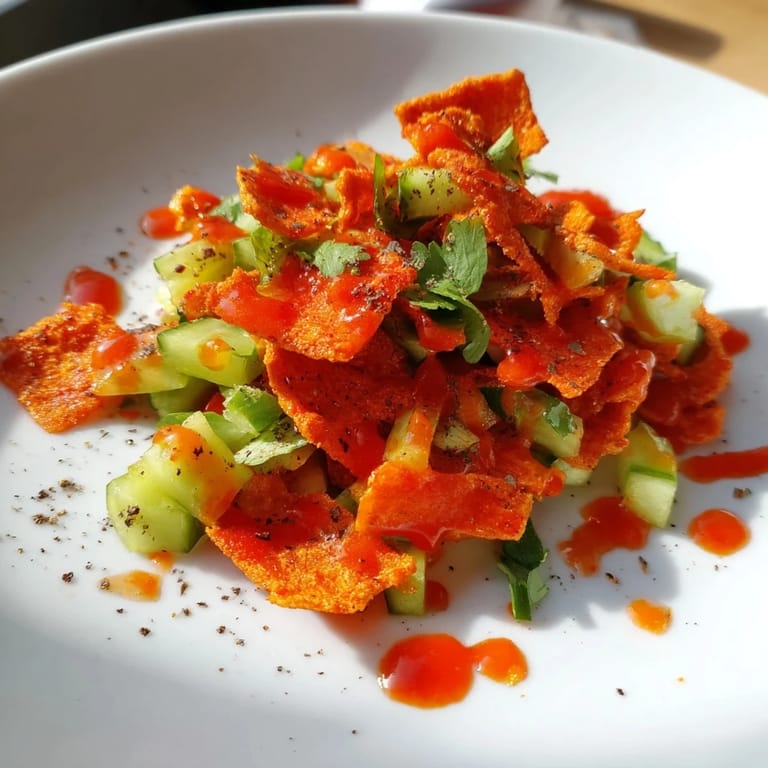 This vibrant bowl of Flamin Hot Cheeto Salad showcases juicy cucumber, with a hit of hot sauce.