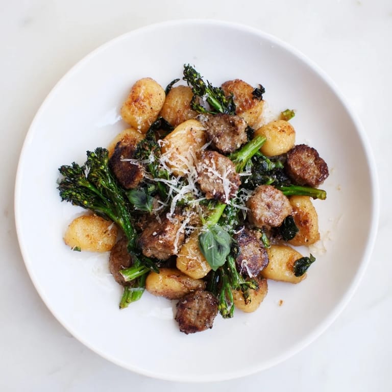 Savory Sheet Pan Gnocchi Bake with browned gnocchi, melting Parmesan, and vibrant broccolini.