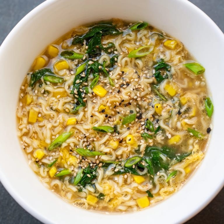 Silky ribbons of egg float in a delicious Ramen Egg Drop Soup, ready to be enjoyed.