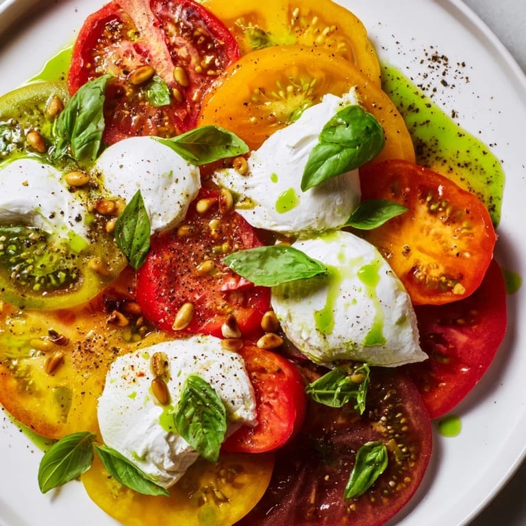 Colorful Heirloom Tomato Salad Board featuring ripe tomatoes, fresh burrata, and toasted pine nuts ready to share.