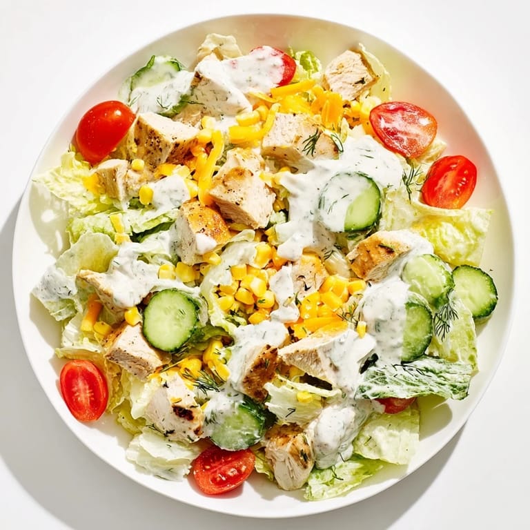 Ranch Chicken Chopped Salad served in a rustic wooden bowl, garnished with fresh chives and shredded sharp cheddar, ready for a hearty lunch or light dinner.