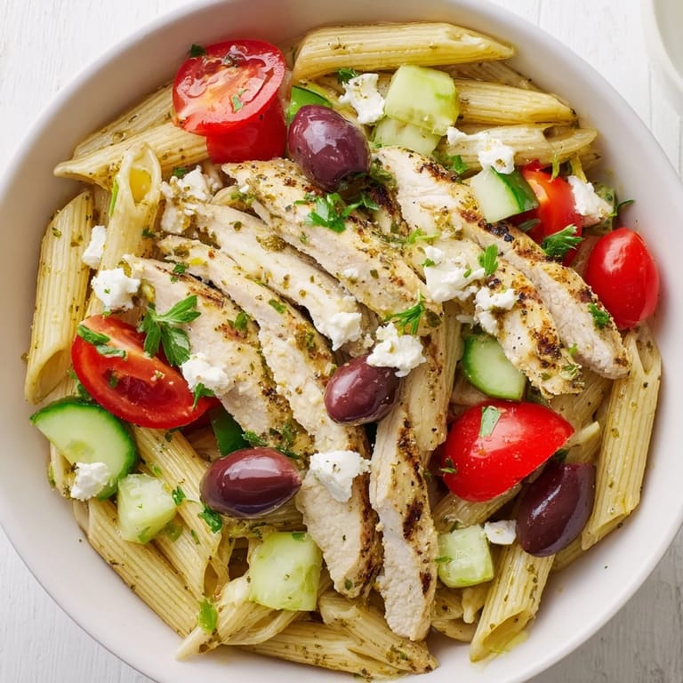 Close-up of a Greek Chicken Pasta Bowl with sliced grilled chicken, bright red tomatoes, green cucumbers, and crumbled feta, garnished with fresh parsley.