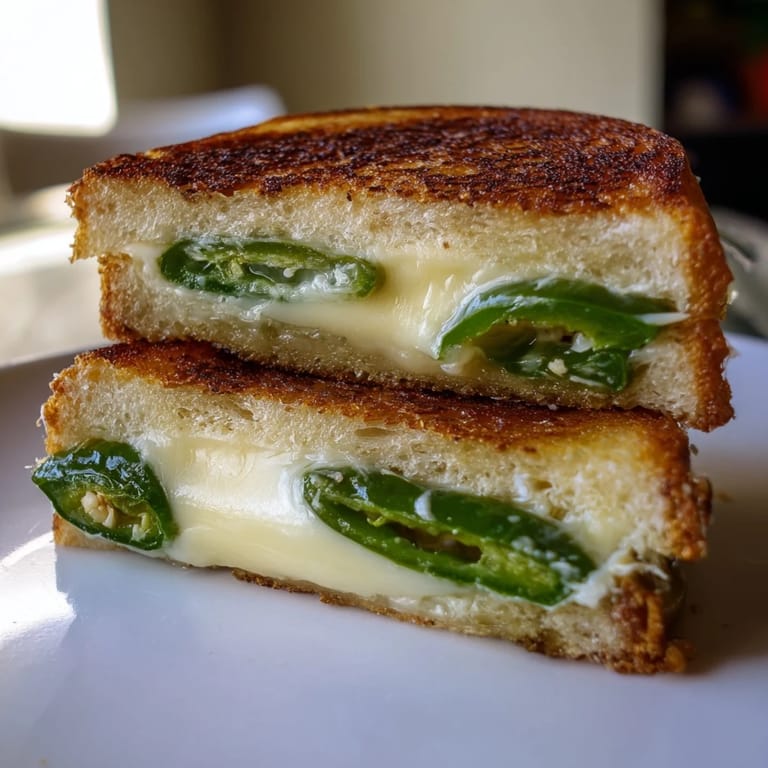 A slice of Jalapeño Havarti Grilled Cheese shows creamy Havarti and vibrant jalapeño strips.  