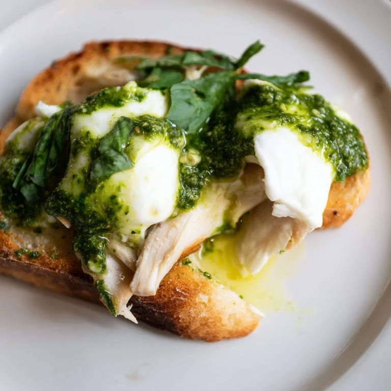 This Italian-inspired Pesto Chicken Burrata Toast features juicy chicken, rich burrata, and zesty pesto on crispy sourdough, perfect as a satisfying light lunch or elegant appetizer.