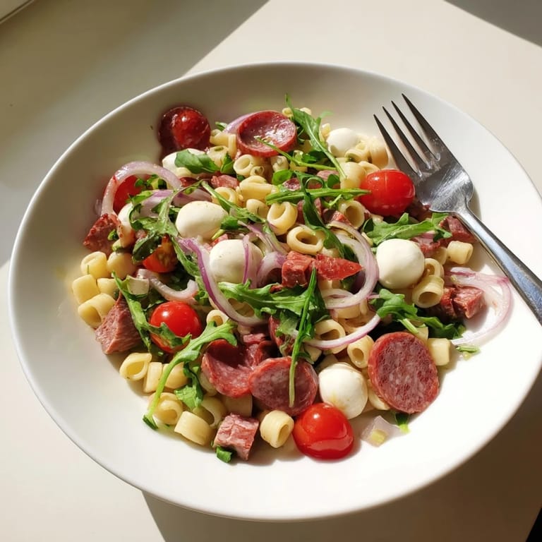 Tossed Spring Antipasto Pasta Salad with salami, pickled vegetables, and red onion, drizzled with zesty dressing on a marble surface.