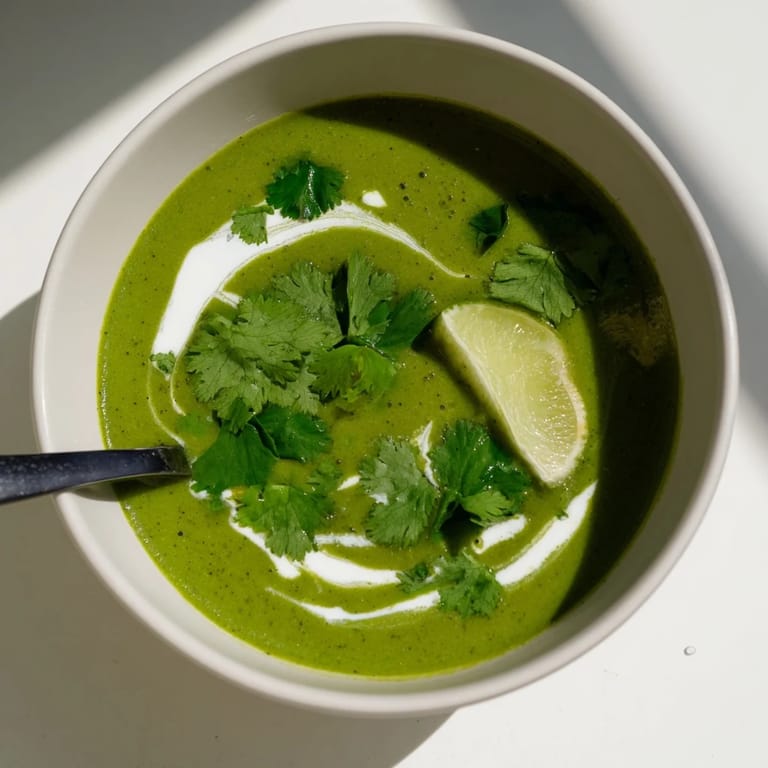 A close-up of Spinach Coriander Lemongrass Soup, highlighting the smooth texture and aromatic lemongrass garnish.