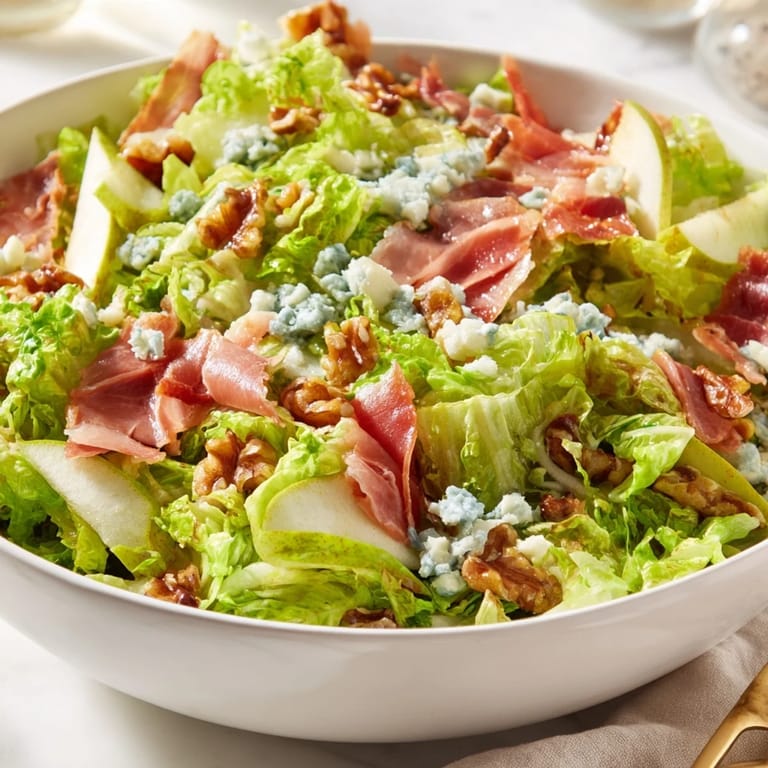 Tangy vinaigrette coats bitter frisée and sweet pears, complemented by creamy blue cheese and salty, crispy prosciutto in this elegant salad.