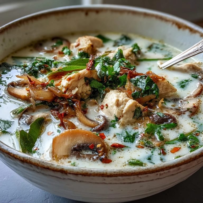 Steaming Authentic Tom Kha Gai, showcasing succulent chicken and aromatic Thai spices in coconut milk.