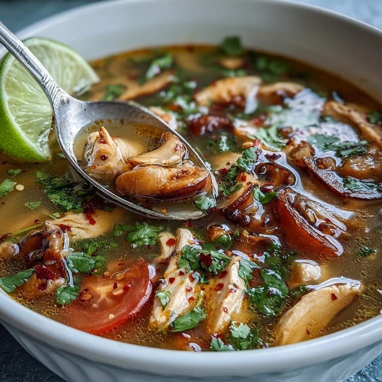 Bright Tom Yum Gai soup brimming with mushrooms, chicken, and aromatic spices.