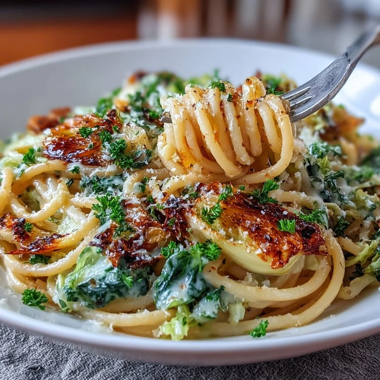 Close-up of Cabbage Pasta with Garlic and Parmesan, showcasing glossy noodles, golden cabbage ribbons, and melty Parmesan in a steamy bowl.