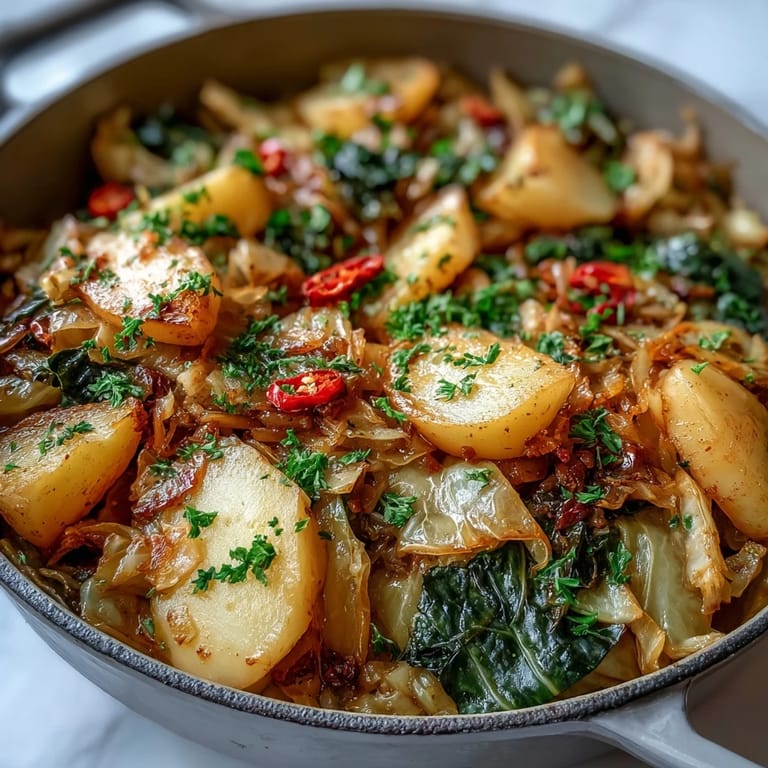 A close-up of braised cabbage with potatoes and chili, garnished with fresh parsley and lemon wedges on a ceramic dish.