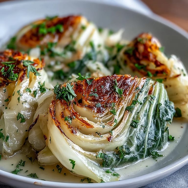 Savory Herby Cabbage in Parmesan Broth features golden cabbage wedges in a rich, aromatic herb broth.