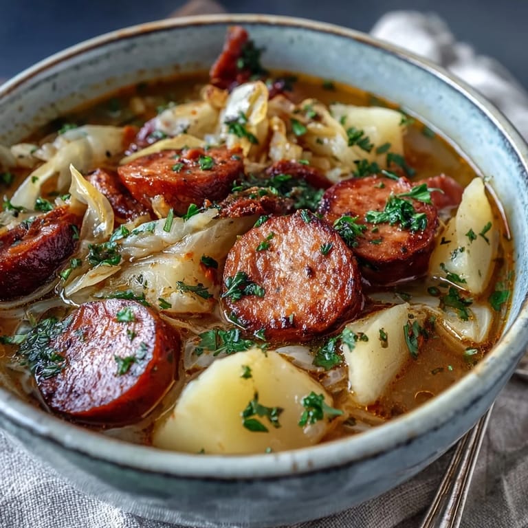 A cozy bowl of Sausage, Potato and Cabbage Soup topped with sour cream and herbs.