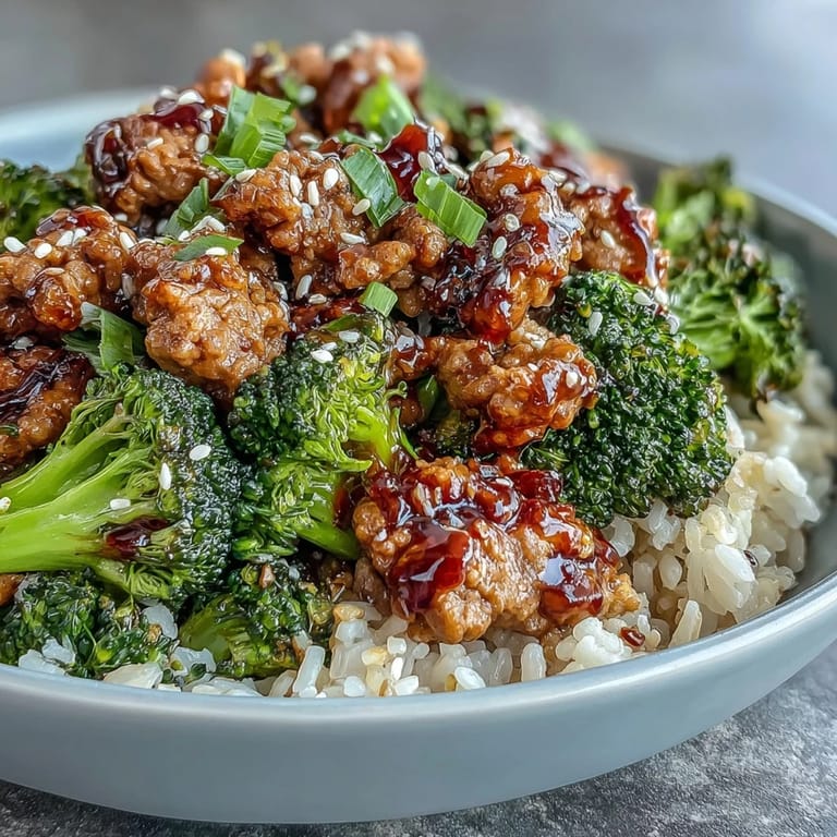 Overhead view of Sweet and Spicy Turkey Broccoli Bowls featuring tender turkey and saucy vegetables ready to serve.