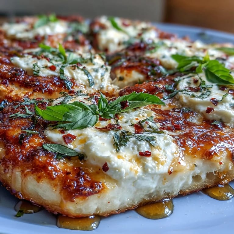 Close-up of Hot Honey Ricotta Pizza drizzled with spicy honey, showing a thick, fluffy crust and melted cheese.