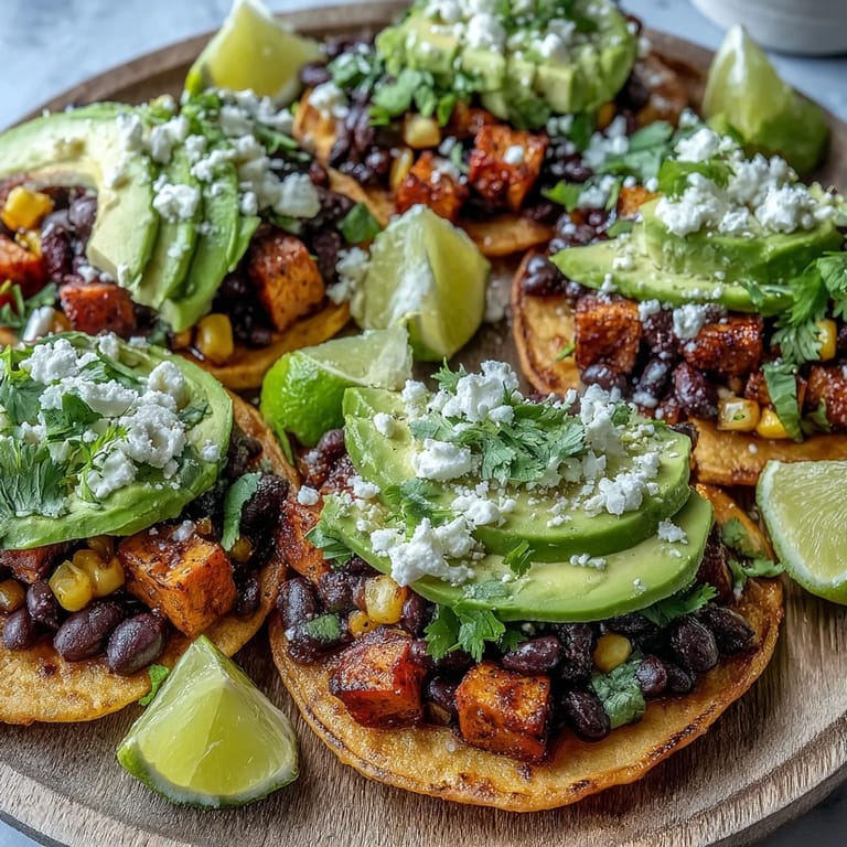 Golden crisp tostadas topped with feta crumbles and zesty cilantro-lime Black Bean and Sweet Potato Tostadas ready for a weeknight dinner.