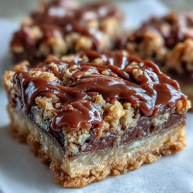 Golden brown Decadent Sweet and Chewy Turtle Bars with Chocolate and Caramel show melted chocolate pooling into crevices.