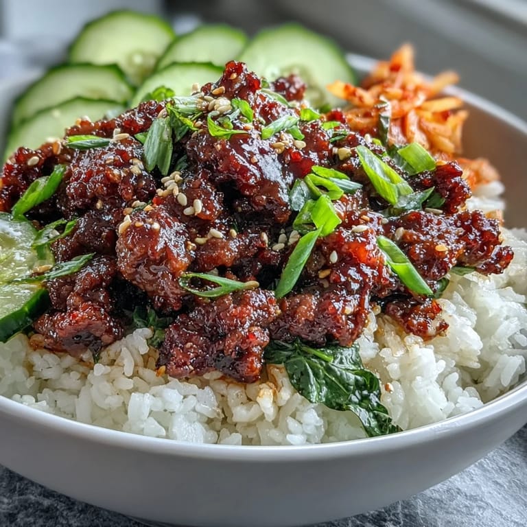 A vibrant Korean Beef Bowl topped with crisp cucumber, radish, and tangy kimchi, served with chopsticks on a rustic table.