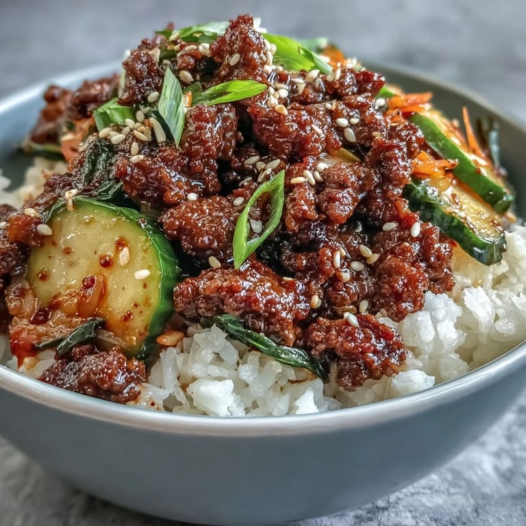 Overhead view of a Korean Beef Bowl featuring fluffy white rice, colorful pickled vegetables, and sesame seeds for a quick weeknight meal.