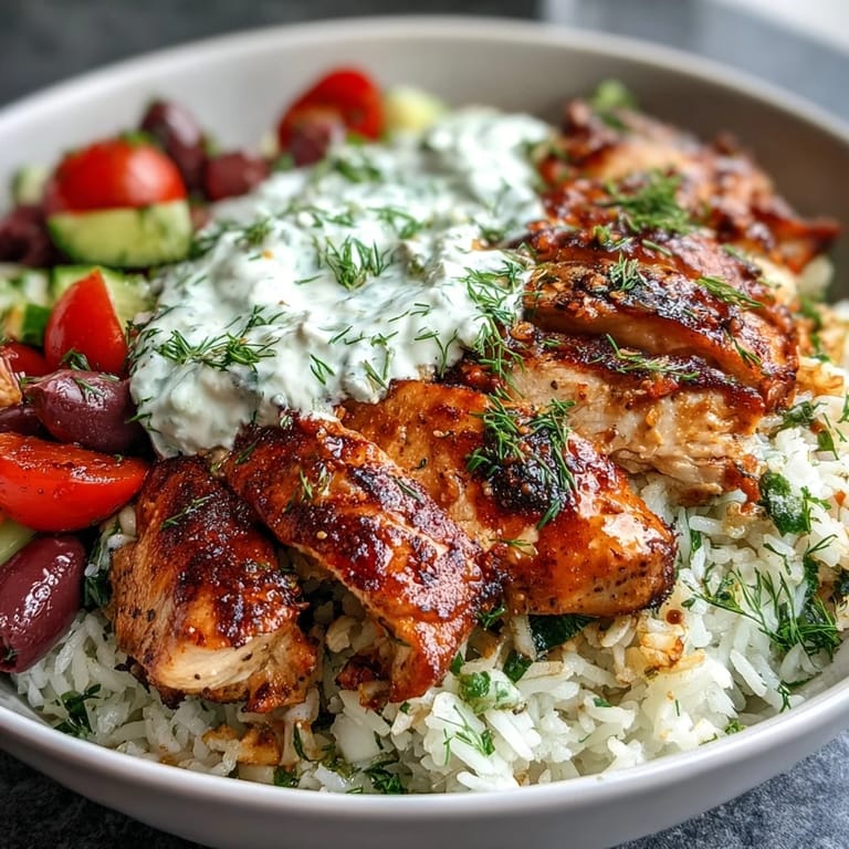 Fresh lemony Greek Chicken Bowl with tender herbs, crisp veggies, and cool tzatziki, ready to serve with zesty lemon wedges for brightness.