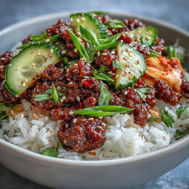 Sizzling Korean Ground Beef Bowl topped with green onions and a sunny side-up egg.