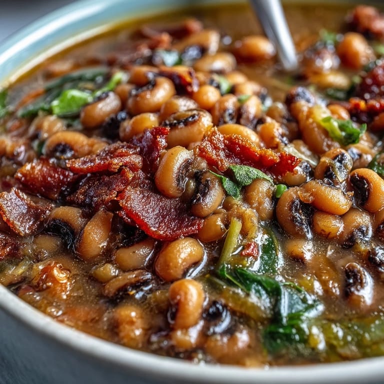 Rich Texas Black-Eyed Peas featuring tender legumes, chili powder, and diced bacon in a thick, savory broth.