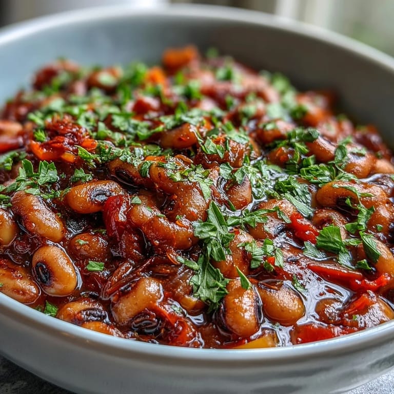 Slow cooker view of Greek-Style Black-Eyed Peas simmering with olive oil, oregano, and vegetables in a rich tomato broth.